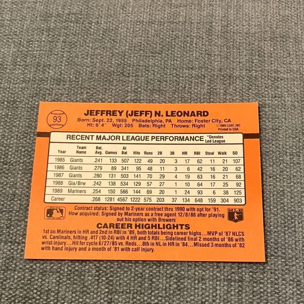 1990 Donruss Seattle Mariners Baseball Card Trading Card